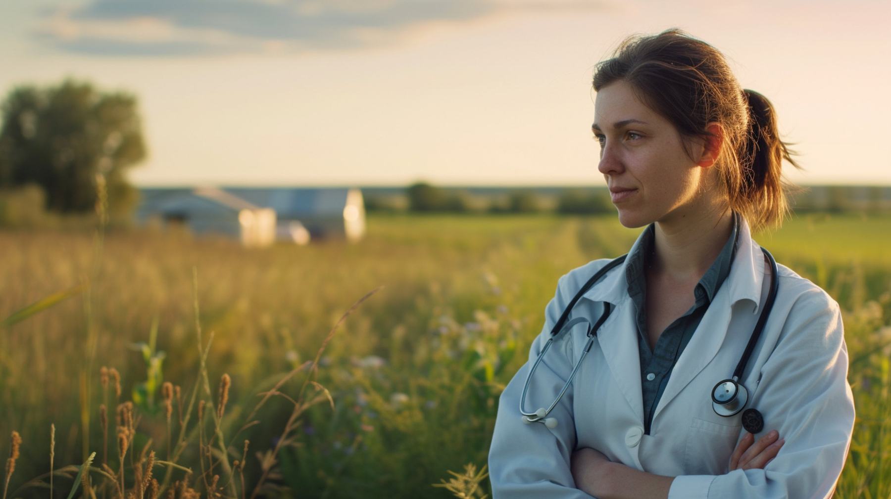 A woman physician in a white coat with a stethoscope stands in a rural field at sunset.